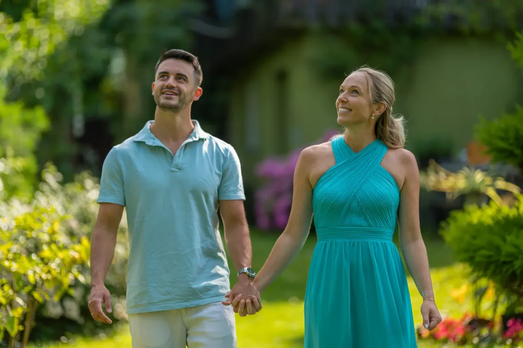 Svenja und Yannik gehen Hand in Hand durch einen sommerlichen Garten.